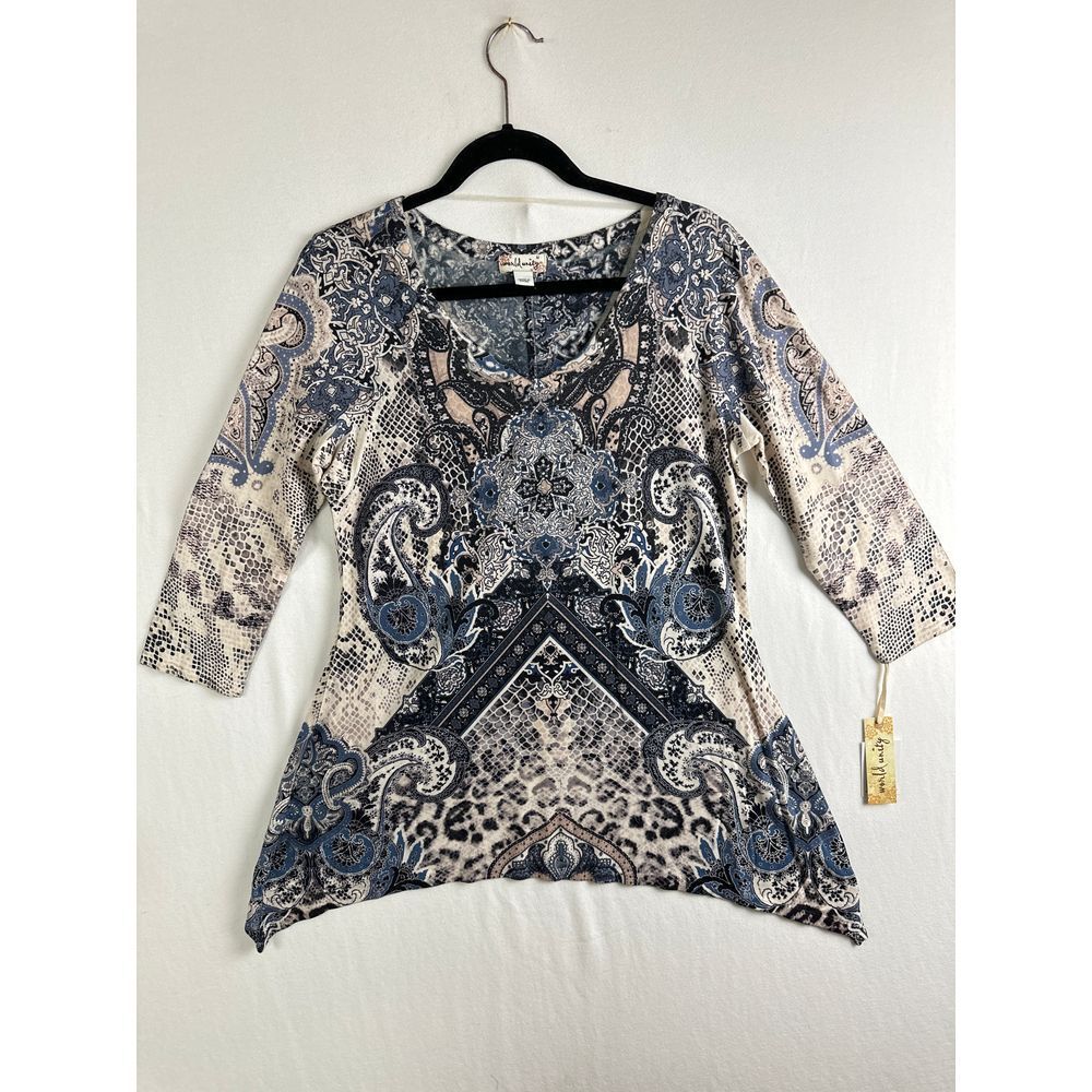 World unity Top Women's Medium Asymmetrical‎ Rhinestones Tunic NWT